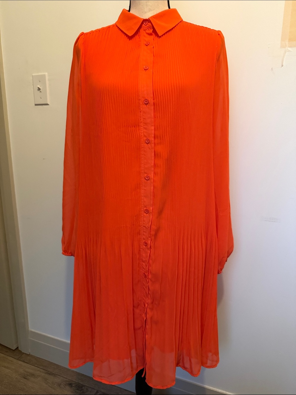 Bright Orange Pleated Button-Front Shirt Dress XS - Picture 2 of 7